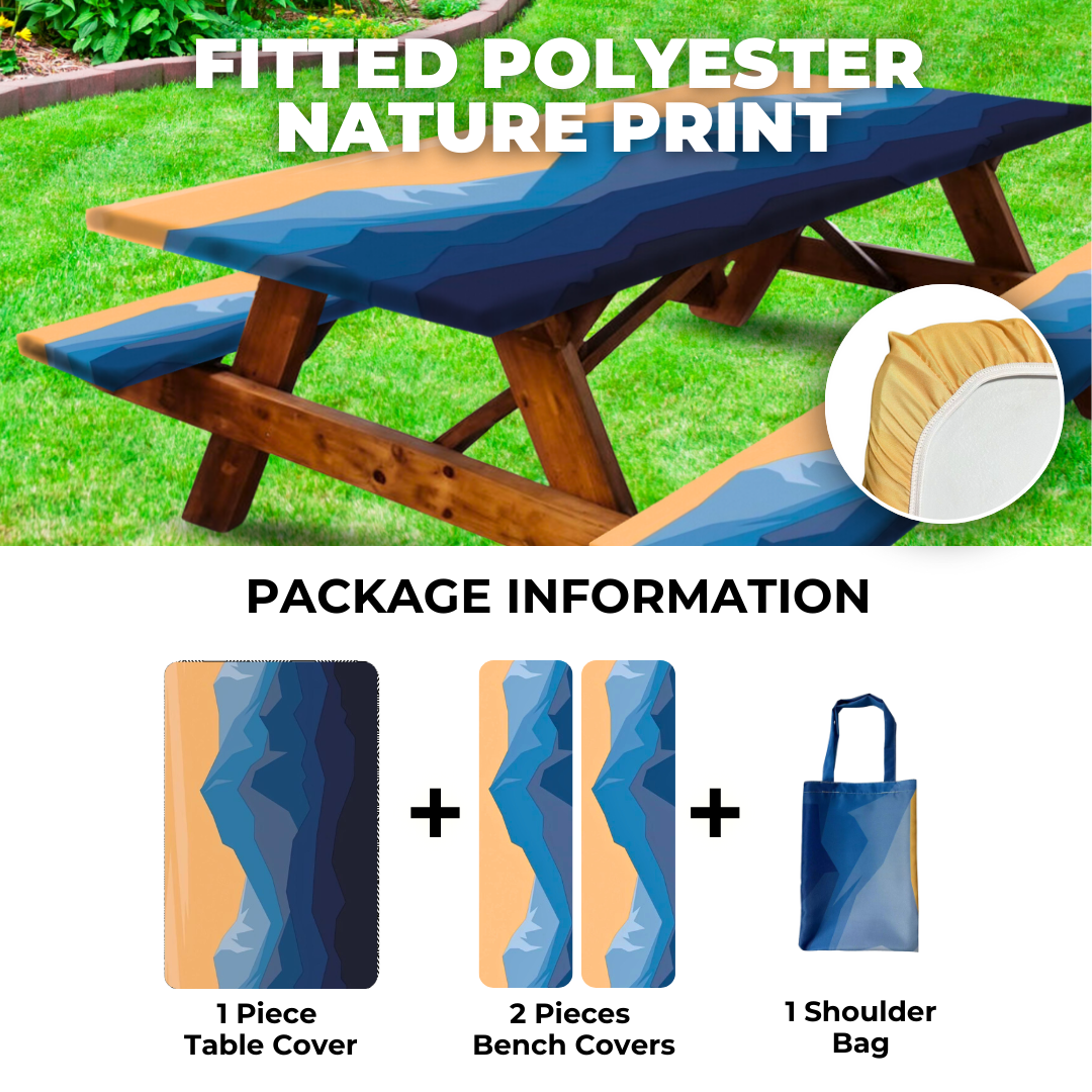 RNOONY 6ft Polyester Picnic Table Cover with Bench Covers and Carrying bag, Elastic all Around,Windproof and Waterproof Picnic Table Covers with Elastic for Camping RV Gear 72x30 Inches 4Pcs