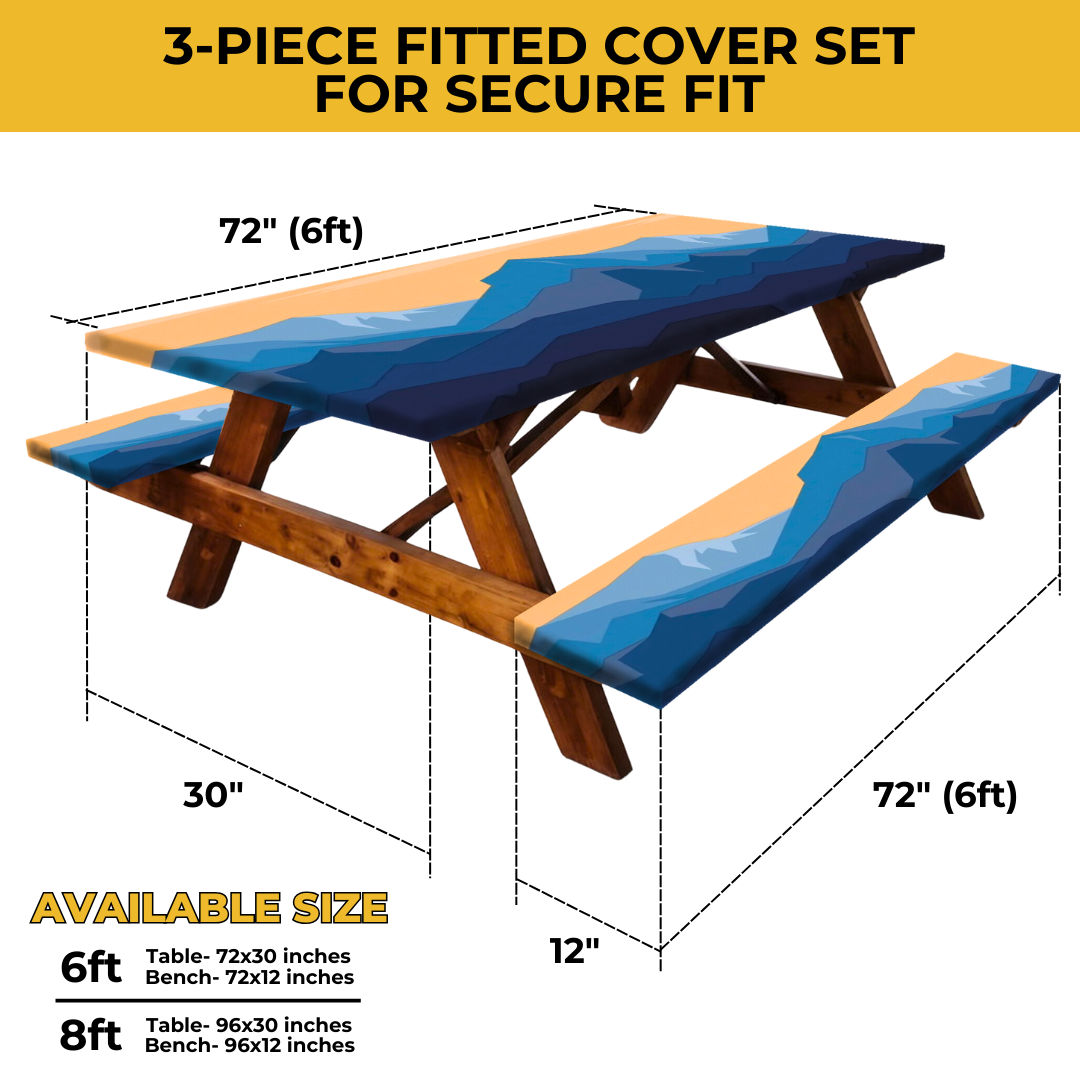 RNOONY 6ft Polyester Picnic Table Cover with Bench Covers and Carrying bag, Elastic all Around,Windproof and Waterproof Picnic Table Covers with Elastic for Camping RV Gear 72x30 Inches 4Pcs