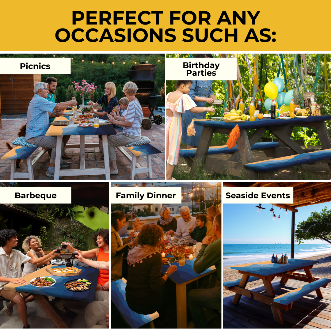 RNOONY 6ft Polyester Picnic Table Cover with Bench Covers and Carrying bag, Elastic all Around,Windproof and Waterproof Picnic Table Covers with Elastic for Camping RV Gear 72x30 Inches 4Pcs