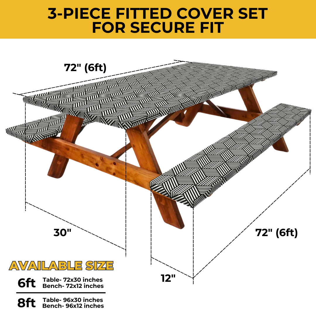 RNOONY 6ft Polyester Picnic Table Cover with Bench Covers and Carrying bag, Elastic all Around,Windproof and Waterproof Picnic Table Covers with Elastic for Camping RV Gear 72x30 Inches 4Pcs