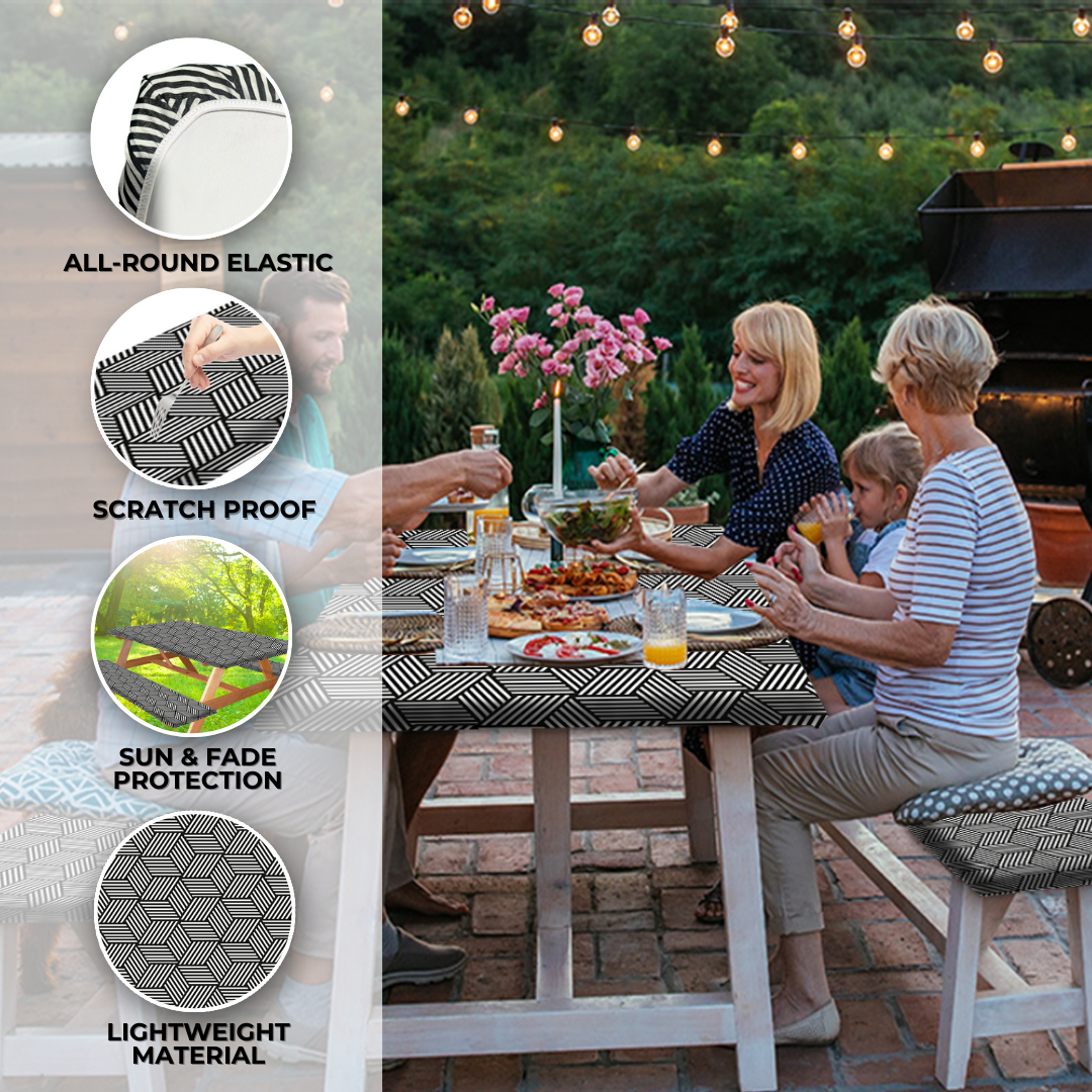 RNOONY 6ft Polyester Picnic Table Cover with Bench Covers and Carrying bag, Elastic all Around,Windproof and Waterproof Picnic Table Covers with Elastic for Camping RV Gear 72x30 Inches 4Pcs