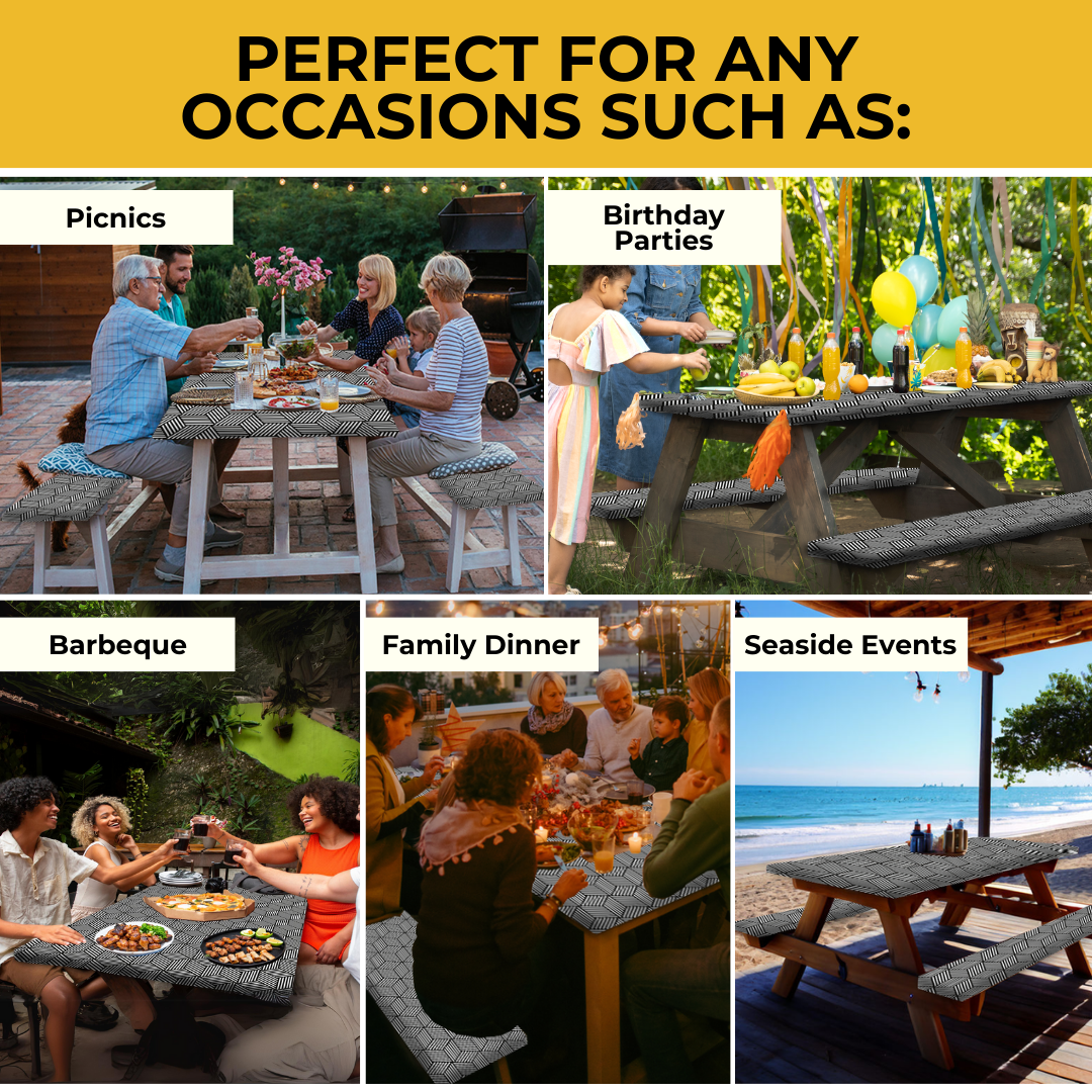 RNOONY 6ft Polyester Picnic Table Cover with Bench Covers and Carrying bag, Elastic all Around,Windproof and Waterproof Picnic Table Covers with Elastic for Camping RV Gear 72x30 Inches 4Pcs