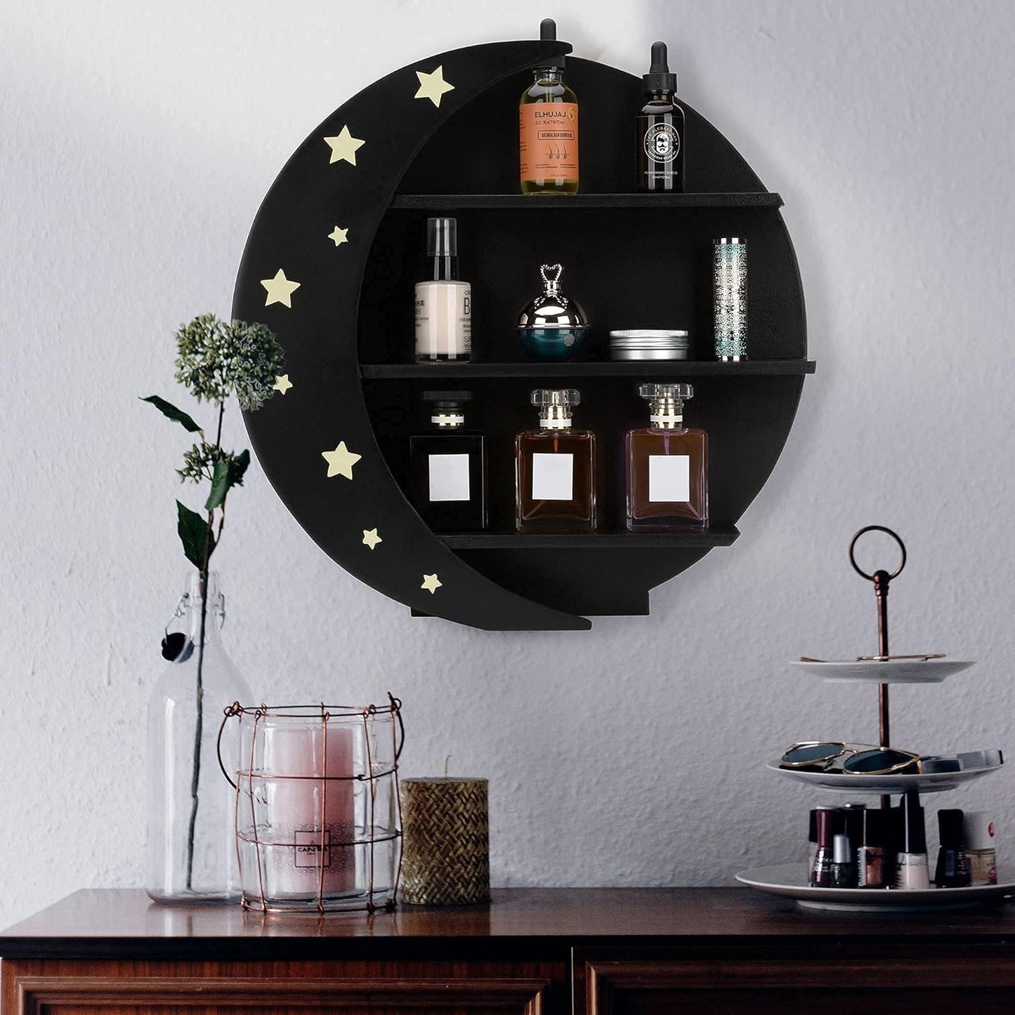 Moon Shelf for Crystals| X Large - Crystal Shelf, Wooden Moon Wall Decor, Witchy Halloween Decor Gothic (Black)