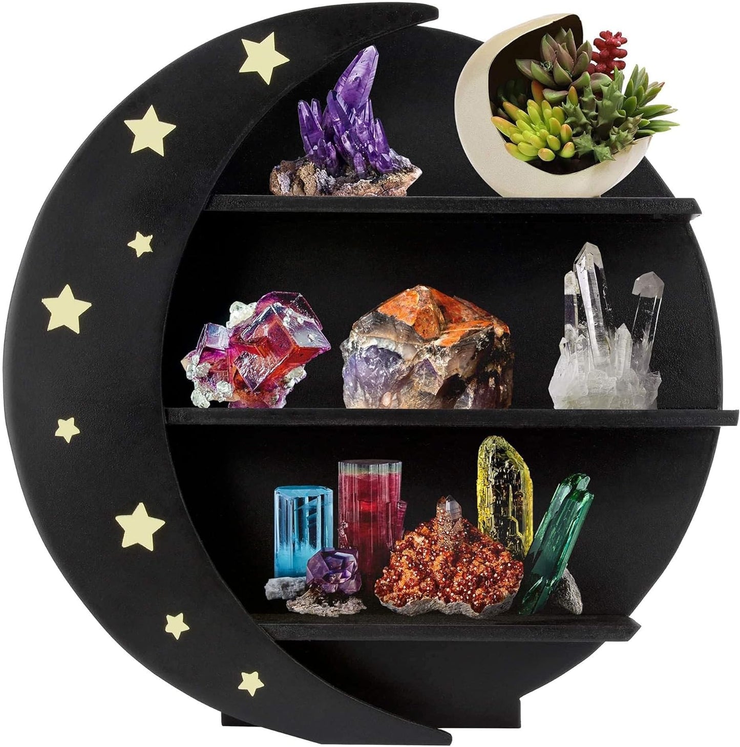 Moon Shelf for Crystals| X Large - Crystal Shelf, Wooden Moon Wall Decor, Witchy Halloween Decor Gothic (Black)