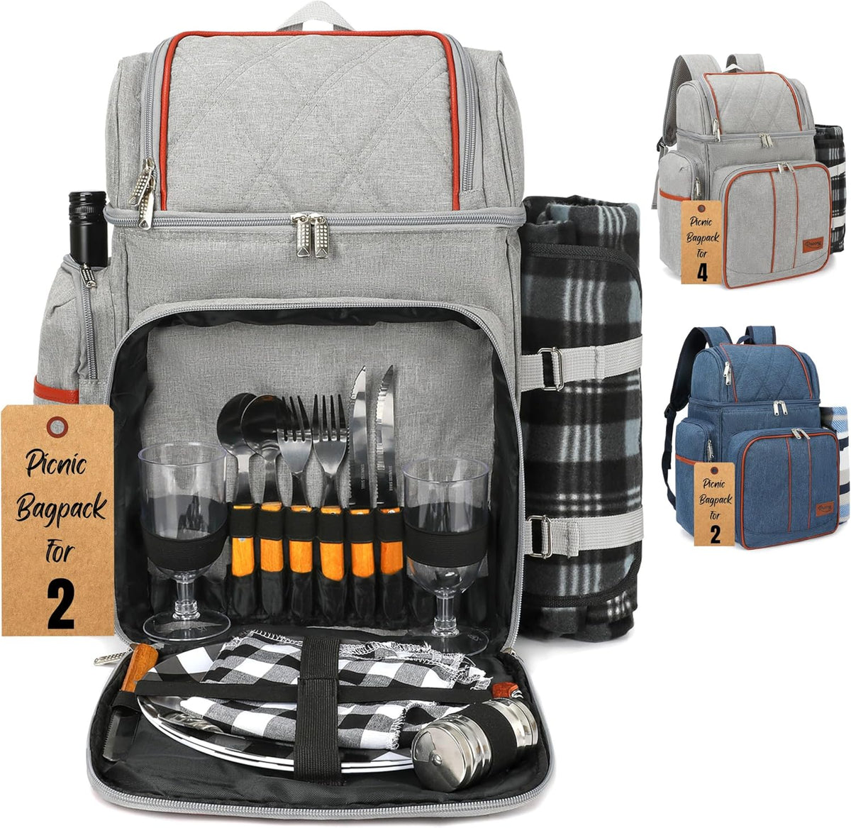 Rnoony Picnic Backpack for Camping, Picnic Basket for 4 with Insulated Cooler Bag and Bottle Pouch, Picnic Bag with Lightweight Blanket and Cutlery Set for Family, Couples and Hiking