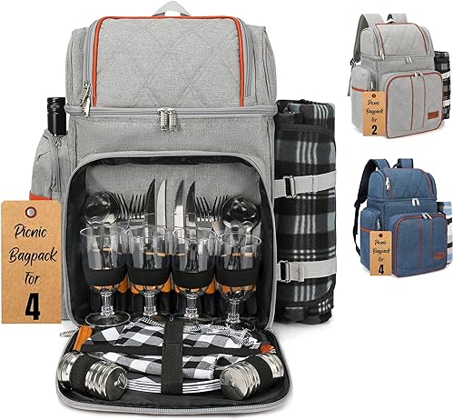 Rnoony Picnic Backpack for Camping, Picnic Basket for 4 with Insulated Cooler Bag and Bottle Pouch, Picnic Bag with Lightweight Blanket and Cutlery Set for Family, Couples and Hiking