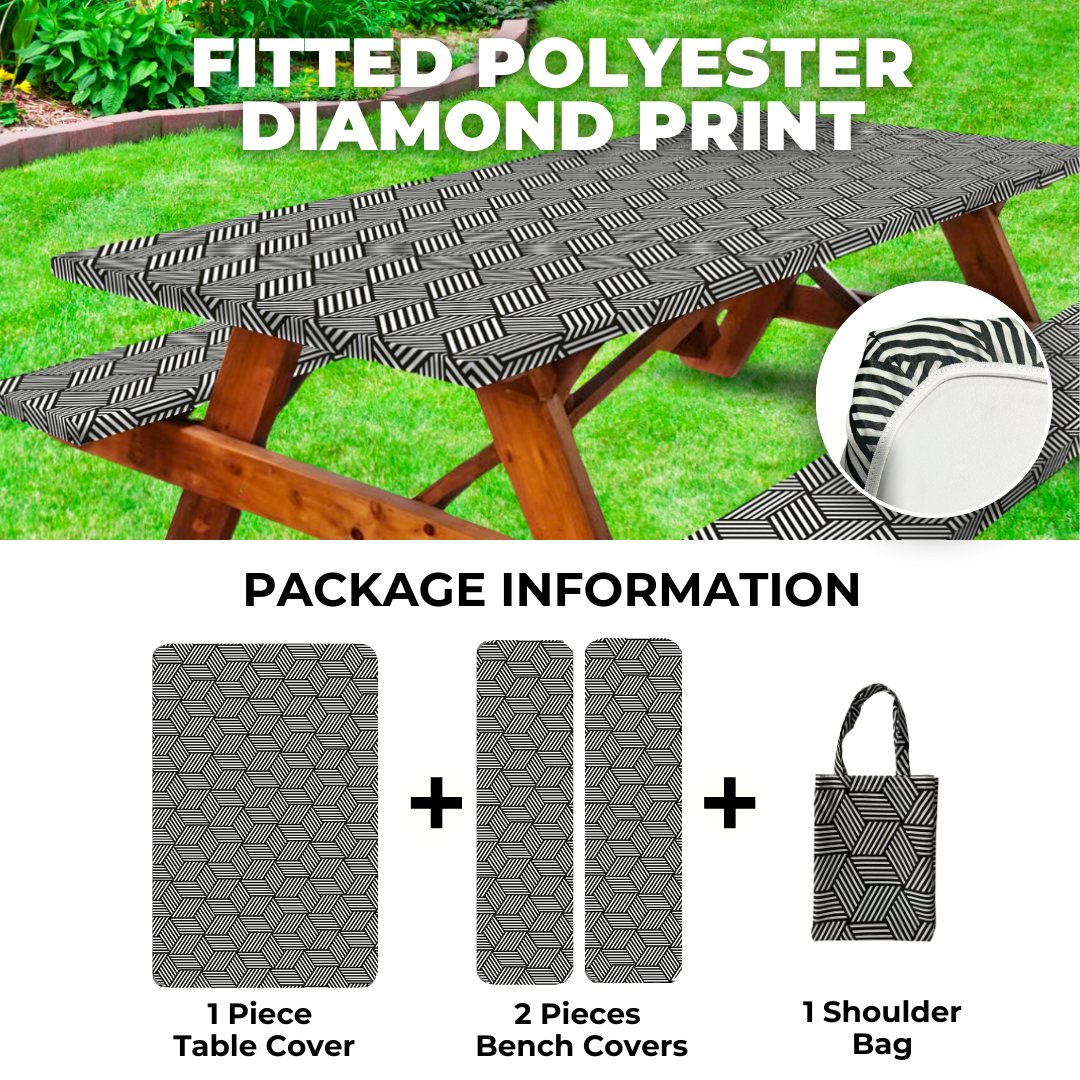 RNOONY 6ft Polyester Picnic Table Cover with Bench Covers and Carrying bag, Elastic all Around,Windproof and Waterproof Picnic Table Covers with Elastic for Camping RV Gear 72x30 Inches 4Pcs