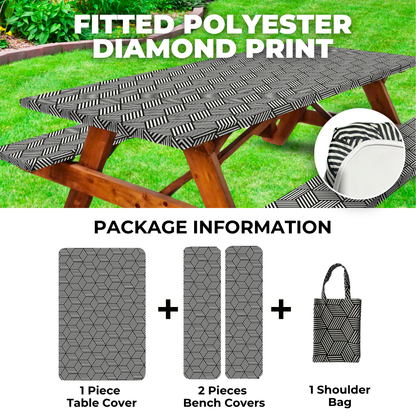 RNOONY 6ft Polyester Picnic Table Cover with Bench Covers and Carrying bag, Elastic all Around,Windproof and Waterproof Picnic Table Covers with Elastic for Camping RV Gear 72x30 Inches 4Pcs