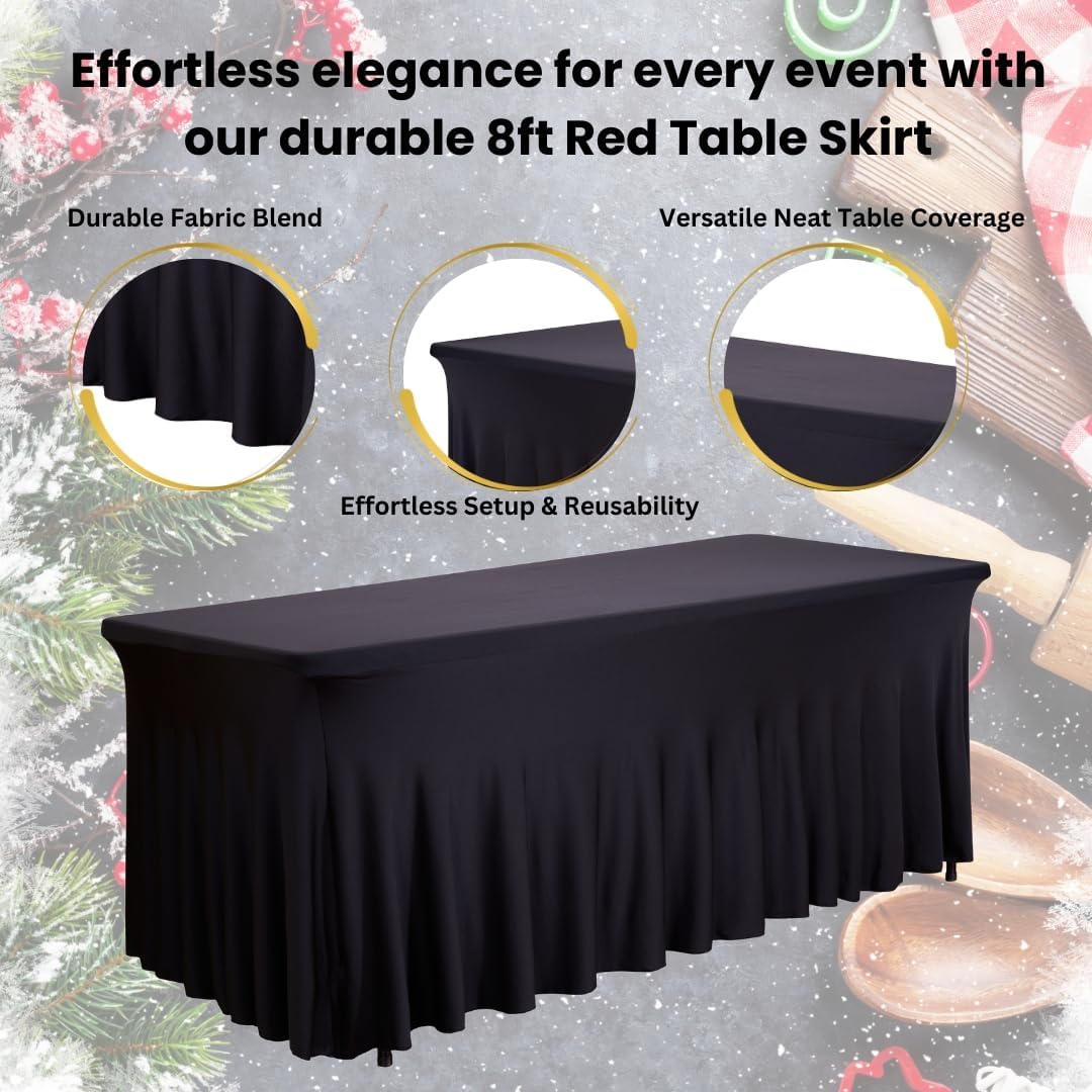 RNOONY 6ft Red Table Skirt for Rectangle Table, Stretch Spandex Table Skirt with Pleated Ruffles, Elastic Table Cover and Cocktail Tablecloths for Valentines Day Tablecloth, Parties and Weddings
