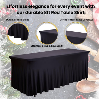 RNOONY 6ft Red Table Skirt for Rectangle Table, Stretch Spandex Table Skirt with Pleated Ruffles, Elastic Table Cover and Cocktail Tablecloths for Valentines Day Tablecloth, Parties and Weddings