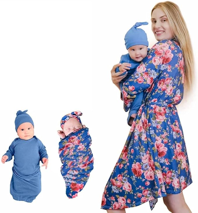 Mommy and Me Robe and Swaddle Set, Maternity Robe for Hospital-Delivery, Mom and Baby Matching Outfits Hospital