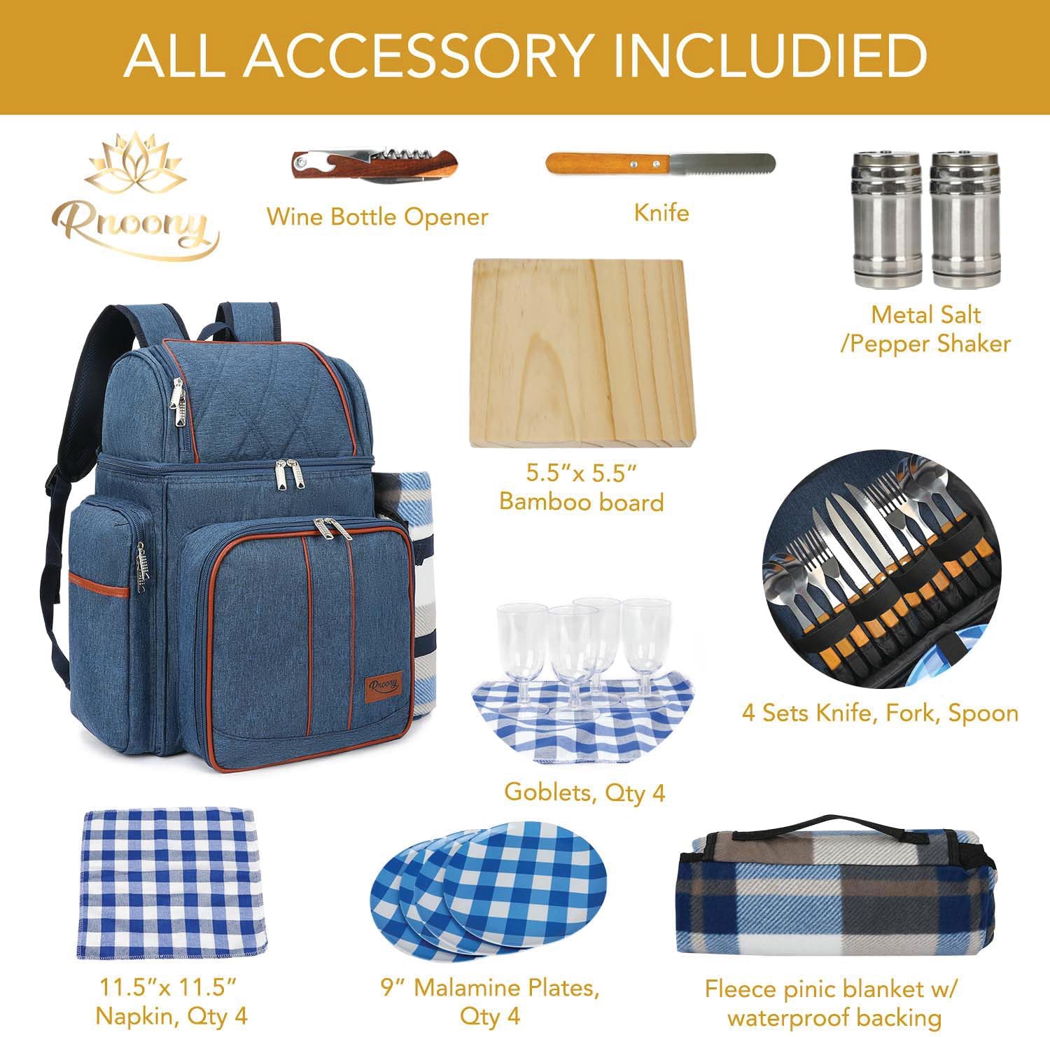 Rnoony Picnic Backpack for Camping Picnic Basket for 4 with Insulated