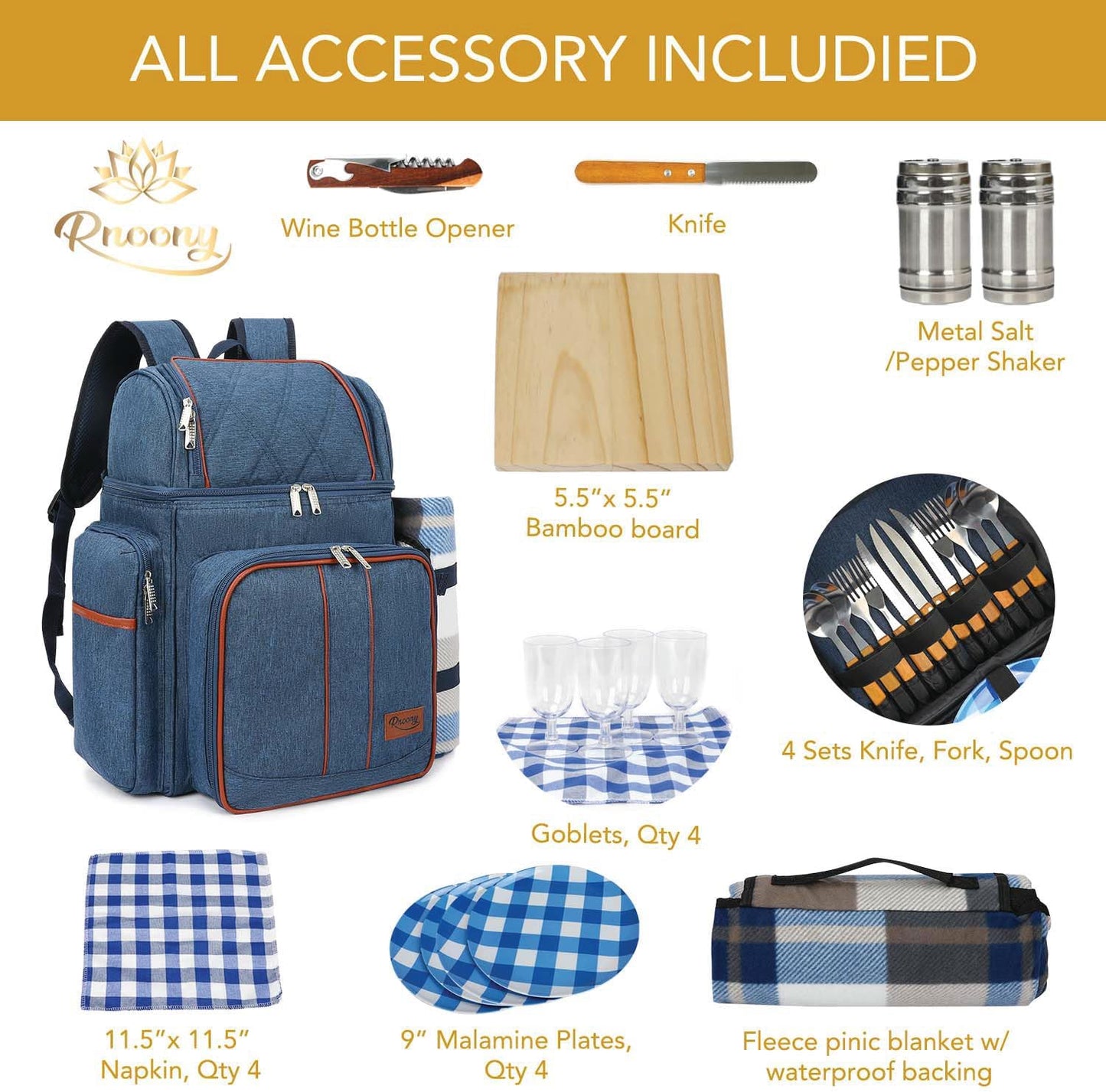 Rnoony Picnic Backpack for Camping, Picnic Basket for 4 with Insulated Cooler Bag and Bottle Pouch, Picnic Bag with Lightweight Blanket and Cutlery Set for Family, Couples and Hiking