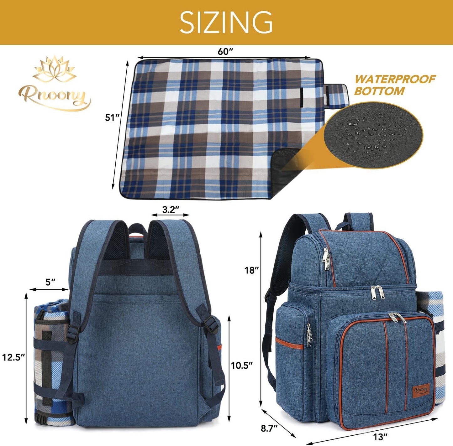 Rnoony Picnic Backpack for Camping, Picnic Basket for 4 with Insulated Cooler Bag and Bottle Pouch, Picnic Bag with Lightweight Blanket and Cutlery Set for Family, Couples and Hiking