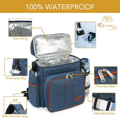 Rnoony Picnic Backpack for Camping, Picnic Basket for 4 with Insulated Cooler Bag and Bottle Pouch, Picnic Bag with Lightweight Blanket and Cutlery Set for Family, Couples and Hiking