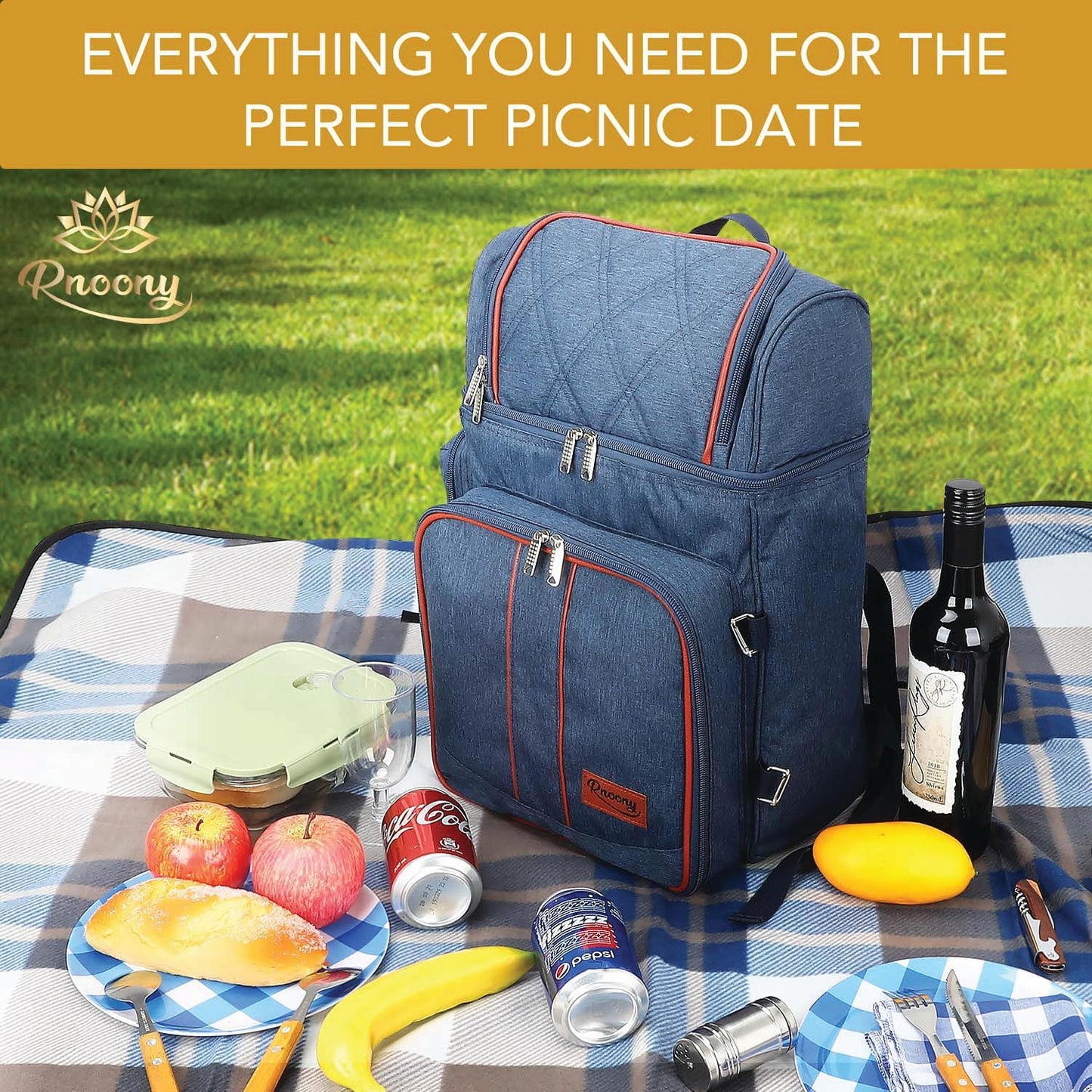 Rnoony Picnic Backpack for Camping, Picnic Basket for 4 with Insulated Cooler Bag and Bottle Pouch, Picnic Bag with Lightweight Blanket and Cutlery Set for Family, Couples and Hiking