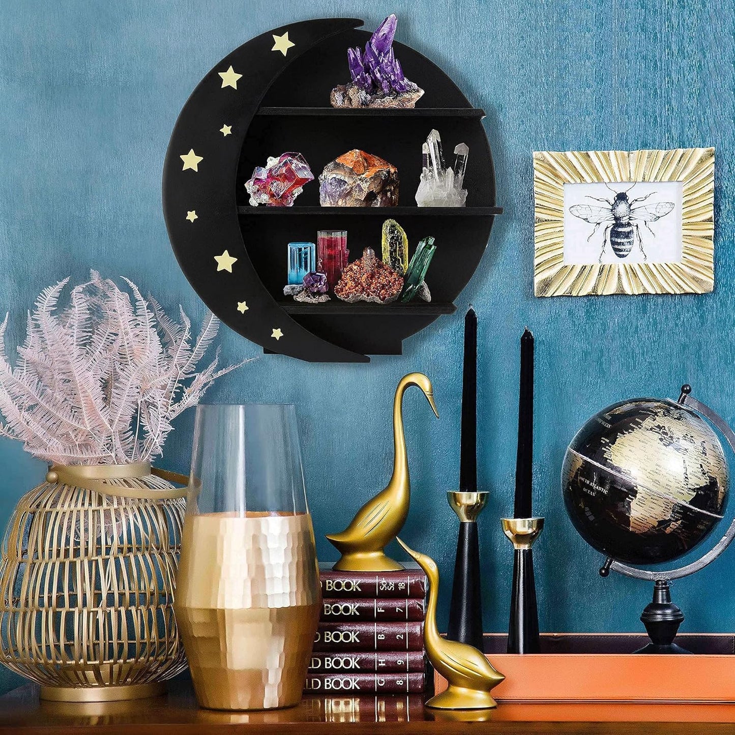 Moon Shelf for Crystals| X Large - Crystal Shelf, Wooden Moon Wall Decor, Witchy Halloween Decor Gothic (Black)