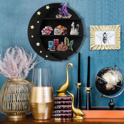 Moon Shelf for Crystals| X Large - Crystal Shelf, Wooden Moon Wall Decor, Witchy Halloween Decor Gothic (Black)