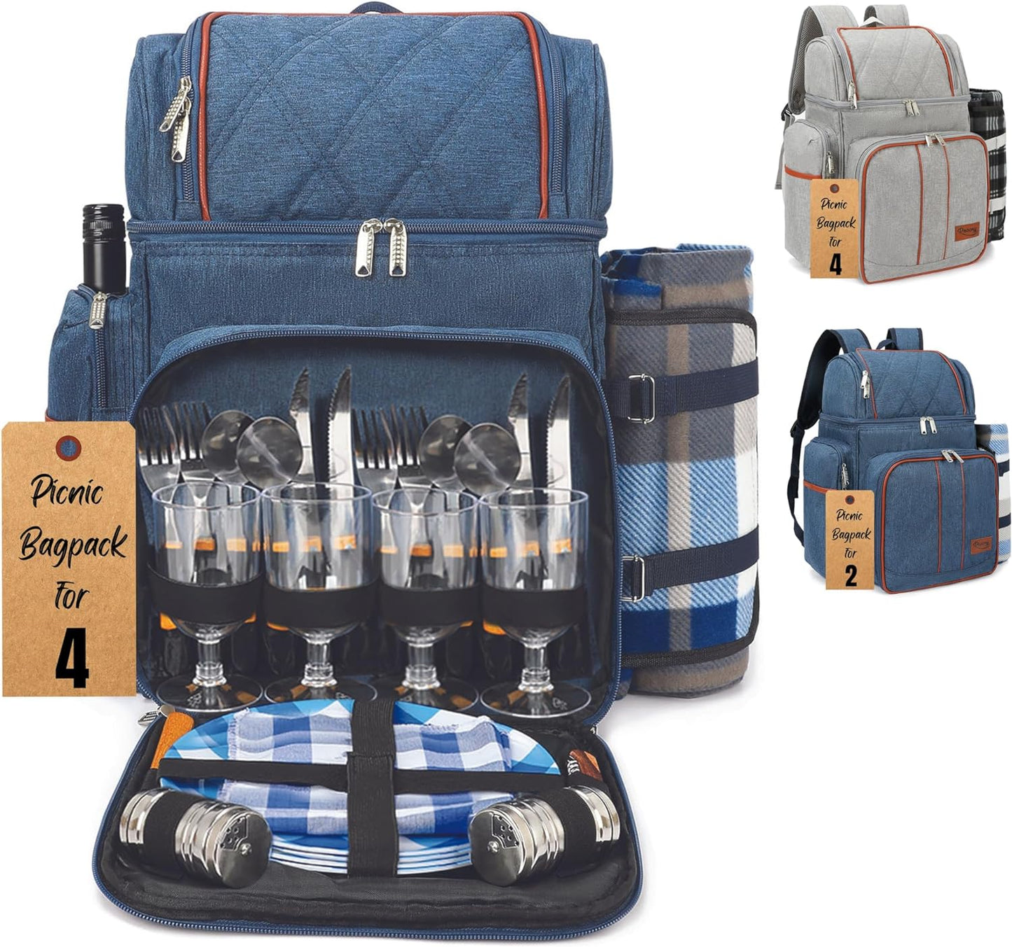 Rnoony Picnic Backpack for Camping, Picnic Basket for 4 with Insulated Cooler Bag and Bottle Pouch, Picnic Bag with Lightweight Blanket and Cutlery Set for Family, Couples and Hiking